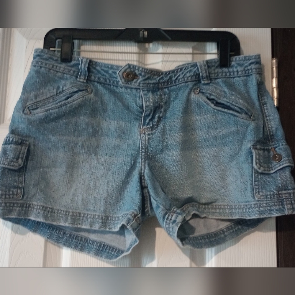 Blue Jean Shorts with Distressed Look and Cuffed Hem